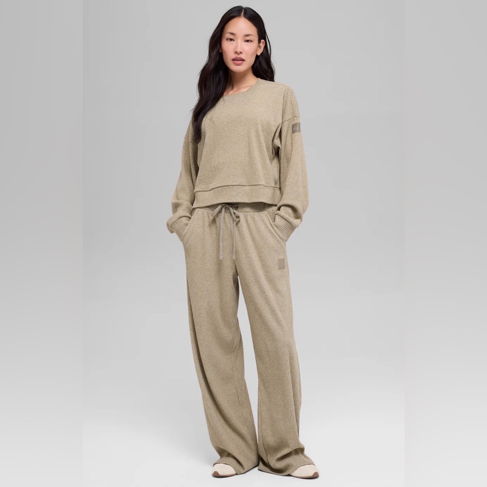 Alo Yoga Muse Ribbed Set Size S Crew Pullover + Wide Leg Pant Gravel Heather